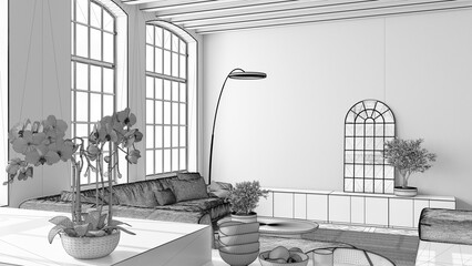 Unfinished project, modern kitchen and living room in vintage apartment in with windows, flowers close up, sofa and decors. Classic parquet, wooden roof beams, interior design