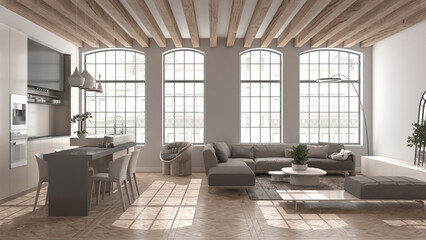 Modern kitchen and living room in vintage apartment in beige tones with big windows, large sofa with pillows, island with chairs. Classic parquet, wooden roof beams, interior design