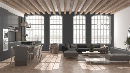 Fototapeta na wymiar Modern kitchen and living room in vintage apartment in beige and gray tones with big windows, sofa with table, island with chairs. Classic parquet, wooden roof beams, interior design