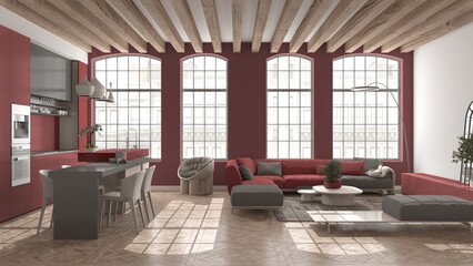 Modern kitchen and living room in vintage apartment in beige and red tones with big windows, sofa with table, island with chairs. Classic parquet, wooden roof beams, interior design