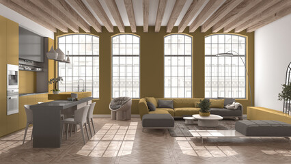 Modern kitchen and living room in vintage apartment in beige and yellow tones with big windows, sofa, table, island with chairs. Classic parquet, wooden roof beams, interior design