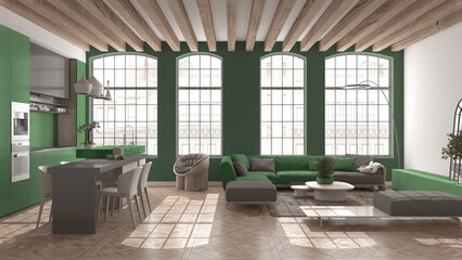 Naklejka premium Modern kitchen and living room in vintage apartment in beige and green tones with big windows, sofa with table, island with chairs. Classic parquet, wooden roof beams, interior design