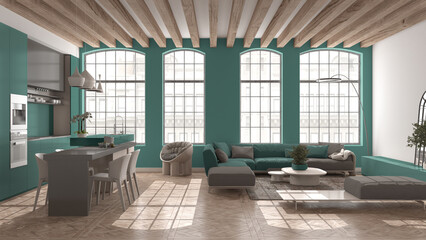 Modern kitchen and living room in vintage apartment in beige and turquoise tones with windows, sofa with table, island with chairs. Classic parquet, wooden roof beams, interior design