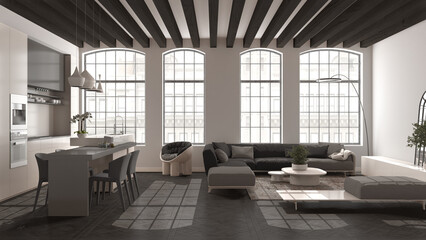 Fototapeta na wymiar Modern kitchen and living room in vintage apartment in beige and dark tones with big windows, sofa with table, island with chairs. Classic parquet, wooden roof beams, interior design