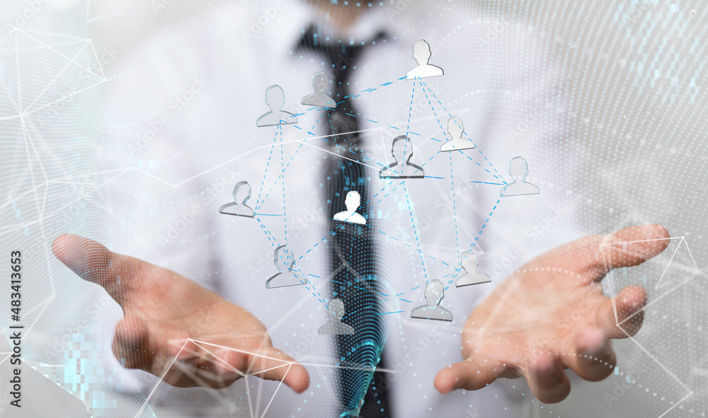 Poster Global network. Blockchain. 3D illustration. Neural networks and artificial intelligence. Abstract