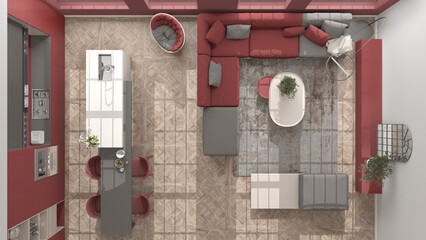 Modern kitchen and living room in vintage apartment in beige and red tones with windows, sofa, pillows, island with chairs. Classic parquet, interior design, top view, plan, above