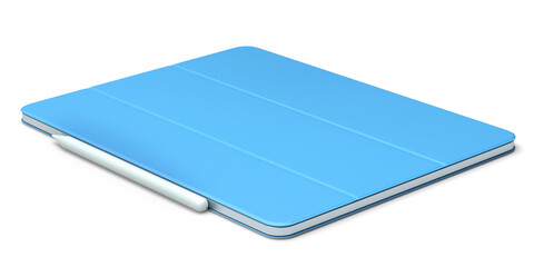 Computer tablet with blue cover case and pencil isolated on white background.