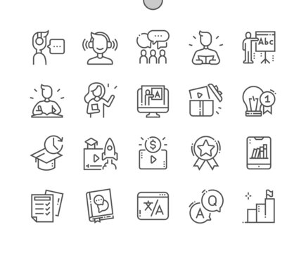 Language learning. Online library. Translator book. Lesson price. Reading, listening, writing and speaking. Pixel Perfect Vector Thin Line Icons. Simple Minimal Pictogram
