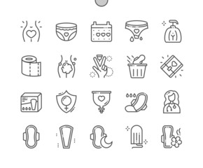 Feminine hygiene. Menstruation calendar. Sanitary pad and tampon. Menstrual cup. Female product. Pixel Perfect Vector Thin Line Icons. Simple Minimal Pictogram © palau83