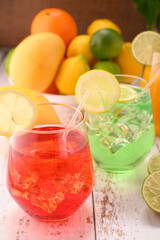 Multicolorful mocktails with ice. Berry mocktail and limon mocktail