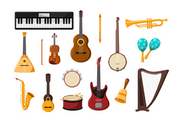 Various musical instruments cartoon illustration set. Accordion, trombone, acoustic and electric guitar, piano, drum, whistle flute, saxophone, harp isolated on white background. Music, hobby concept