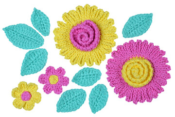 Fototapeta premium A decorative arrangement of handmade flowers and leaves isolated on white background. 