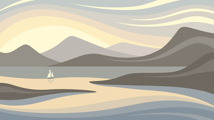 Horizontal simple illustration of a seascape with a sunset  and a sailboat sailing between the islands in art curve style. © vertyr