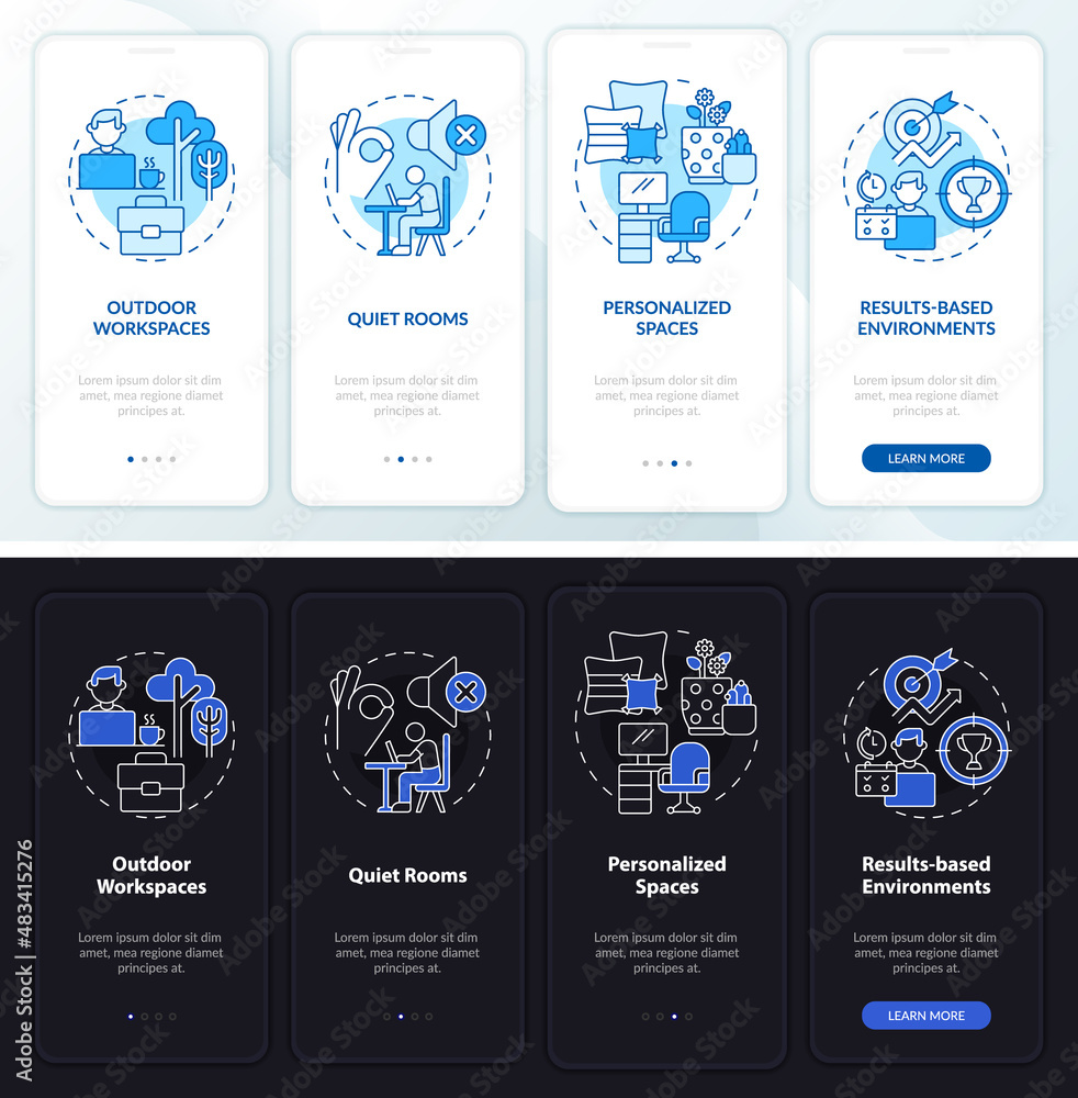 Poster working environment night and day mode onboarding mobile app screen. walkthrough 4 steps graphic ins