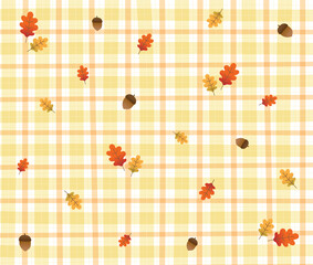 Orange Brown Falling Oak Leaf Acorn Orange Yellow Gingham Patterns Fall Autumn Background Editable Stroke. Vector Illustration Tablecloth, Picnic mat wrap paper.	