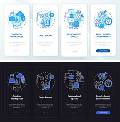 Working environment night and day mode onboarding mobile app screen. Walkthrough 4 steps graphic instructions pages with linear concepts. UI, UX, GUI template. Myriad Pro-Bold, Regular fonts used