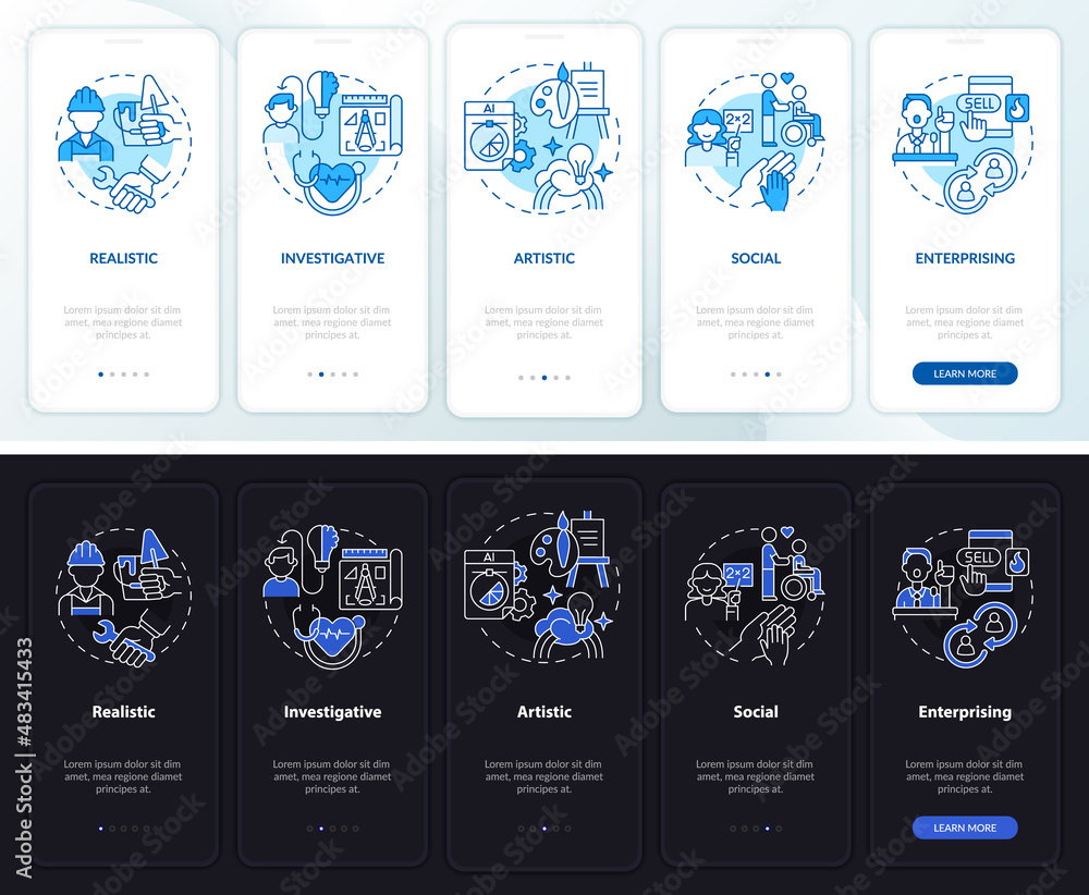 Poster work environment kinds night and day mode onboarding mobile app screen. walkthrough 5 steps graphic 