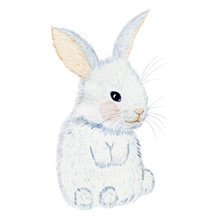 White watercolor bunny. Hand drawn illustration of a cute rabbit on an isolated background. Easter card and fabric print. Forest animal.