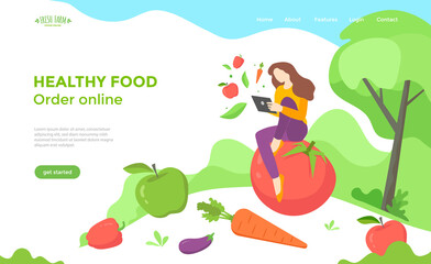 Healthy food web page design with vegetables and girl with tablet orders online. Vector flat illustration for landing page