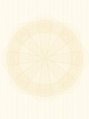 Light yellow round watermark. Zigzag pattern, pastel colored guilloche. Line art design. Vector abstract background, subtle curves. Elegant template for certificate, diploma, passport. A4 page. EPS10