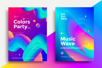 Music wave and Colors party poster. Club night flyer. Abstract gradients fluid shapes backgrounds for cover, brochure.