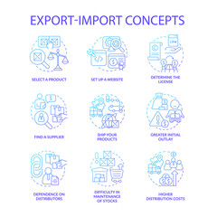 Export and import business blue gradient concept icons set. Entrepreneurship idea thin line color illustrations. Isolated outline drawings. Editable stroke. Roboto-Medium, Myriad Pro-Bold fonts used