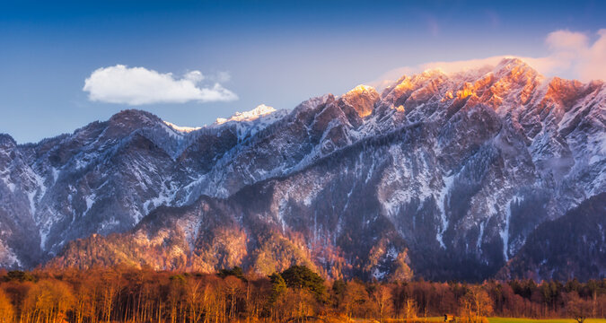 Sunlight on mountain peaks in autumn, Chur, Graubunden, Switzerland