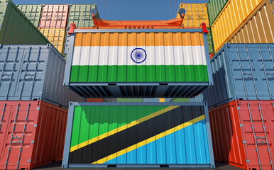 Freight containers with India and Tanzania national flags. 3D Rendering 