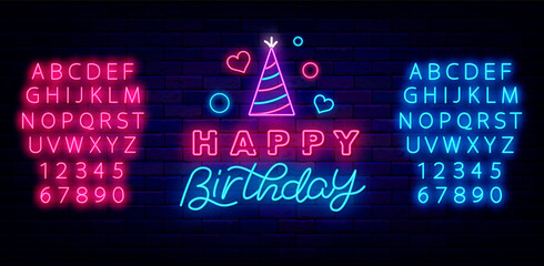 Happy Birthday neon greeting card. Emblem with party hat. Shiny blue and pink alphabet. Vector illustration