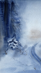 Stylized forest vertical panoramic format landscape with fir and road in dark blue color. Hand drawn watercolors on paper textures