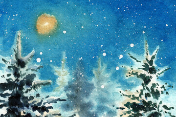 Fototapeta na wymiar Stylized forest landscape with moon and snowflakes in night scene. Hand drawn watercolors on paper textures
