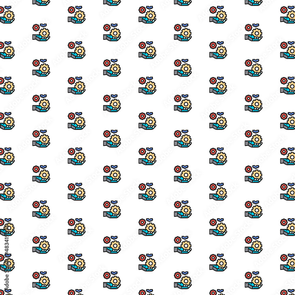 Poster hand holds a gears, tech development, engineering, technology pattern with various icons.