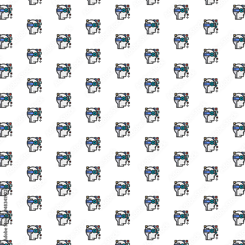 Poster robot, artificial intelligence, 360 degree view, virtual reality helmet pattern with various icons.