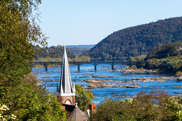 Fototapeta na wymiar Steeple of St. Peter's Church and the Potomac River from Jefferson Rock. 