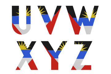 Universal Latin alphabet in colors of national flag. Antigua and Barbuda. Part 5