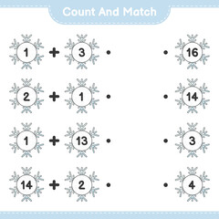 Count and match, count the number of Snowflake and match with the right numbers. Educational children game, printable worksheet, vector illustration