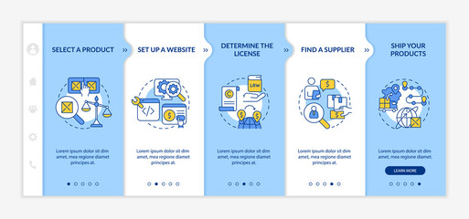 How to start export business blue and white onboarding template. Responsive mobile website with linear concept icons. Web page walkthrough 5 step screens. Lato-Bold, Regular fonts used