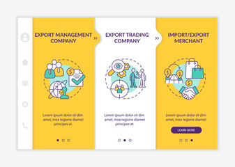 Types of import and export business yellow onboarding template. Responsive mobile website with linear concept icons. Web page walkthrough 3 step screens. Lato-Bold, Regular fonts used