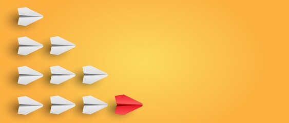 Individuality concept. Individual and unique leader red paper plane flies to the side. Vector © Alex