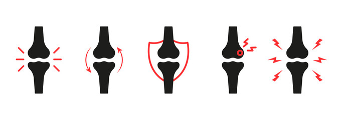 Knee Joint Pain Silhouette Icon Set. Ache of Knee, Hand, Leg Skeleton. Bones Pain, Injury and Inflammation. Arthritis, Osteoporosis and Bones Joint Illness Icon. Isolated Vector Illustration