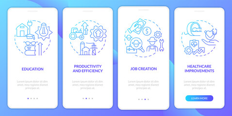 RE economic benefits blue gradient onboarding mobile app screen. Walkthrough 4 steps graphic instructions pages with linear concepts. UI, UX, GUI template. Myriad Pro-Bold, Regular fonts used