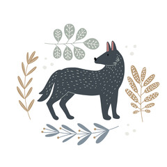Cute wolf looking around in forest grass, Scandinavian style isolated hand drawn vector clipart