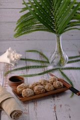 Dessert Mochi. Round shaped sweets are composed of chickpeas, figs