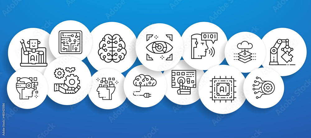 Poster artificial intelligence banner with line icons. robotics, chatbot, database, big data illustration f