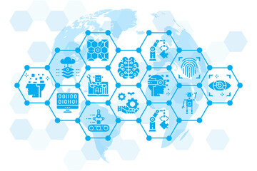 Artificial Intelligence icons web banner. Robotics, Chatbot, Database, Big Data promotion illustration for website and mobile development.