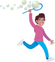 boy runs and makes soap bubbles