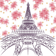 Fototapeta na wymiar Spring in Paris. Eiffel Tower, plant print, illustration.
