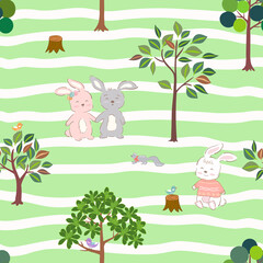 Hand drawn cute bunny happy on spring forest for decorative,kid product,fashion,fabric,textile,wallpaper and all print