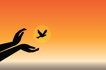 bird set free illustration art, the bird flying for freedom from an open hand, freedom concept, the silhouette of a bird released from the hand. sunset illustration background.