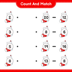 Count and match, count the number of Christmas Sock and match with the right numbers. Educational children game, printable worksheet, vector illustration